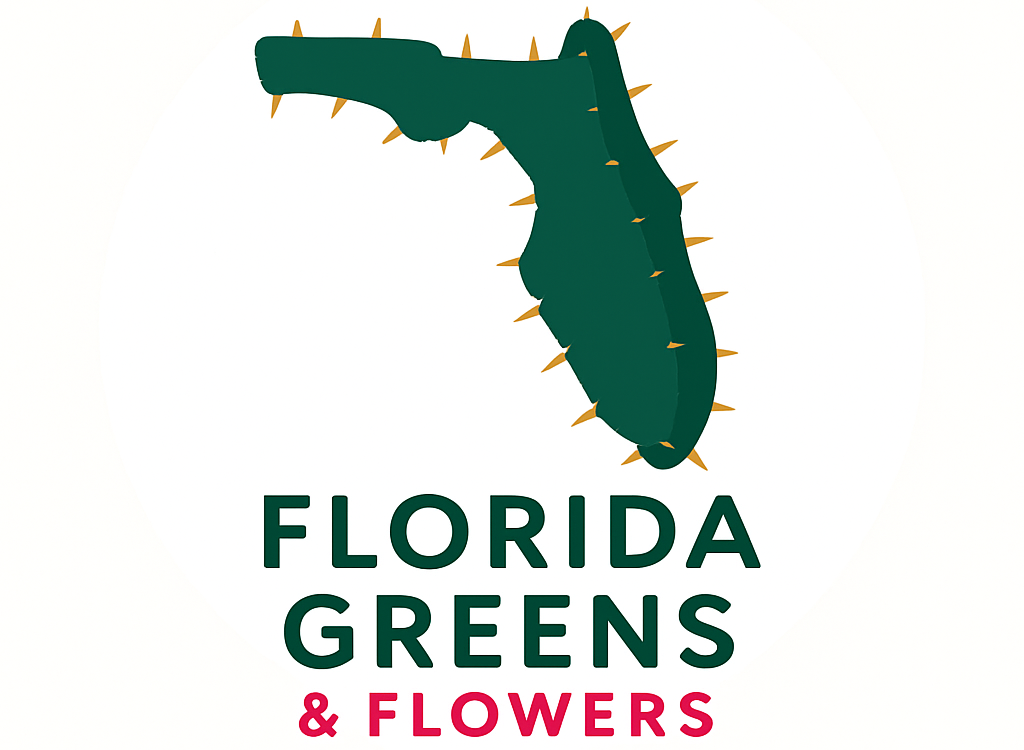 Florida Greens & Flowers logo featuring a cactus shaped like the state of Florida, representing the nursery brand based in Edgewater, FL.