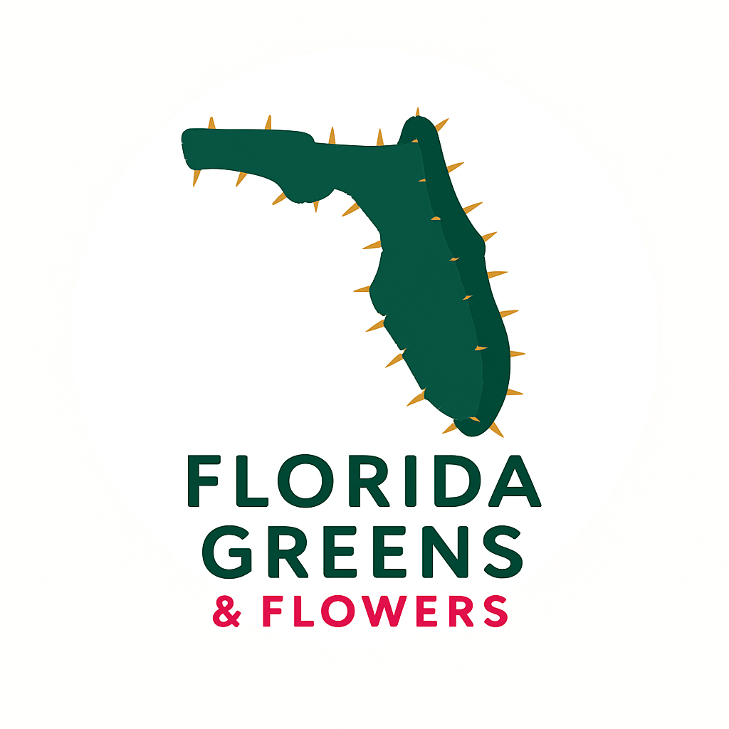 Florida Greens & Flowers logo featuring a cactus shaped like the state of Florida, representing the nursery brand based in Edgewater, FL.